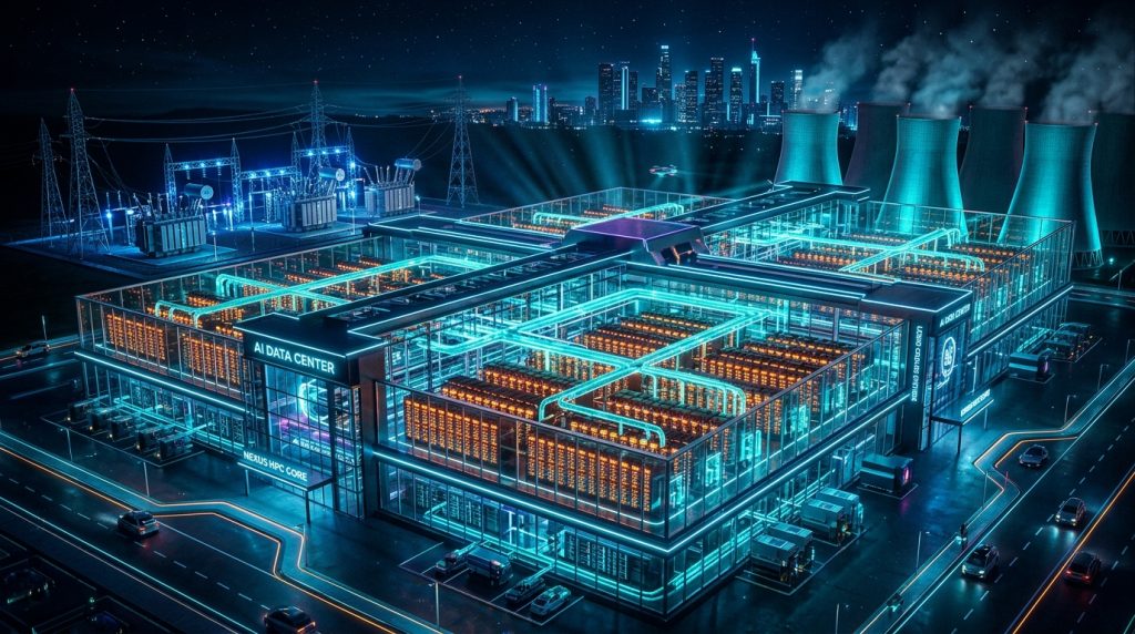Futuristic aerial view of a massive AI data center at night, showing glowing server racks with thousands of GPUs, advanced liquid cooling systems, and large electrical substations supplying power.