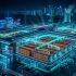 Futuristic aerial view of a massive AI data center at night, showing glowing server racks with thousands of GPUs, advanced liquid cooling systems, and large electrical substations supplying power.