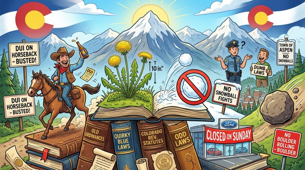 Cartoon featured image showing quirky Colorado laws: drunk cowboy on horseback, no Sunday car sales, snowball ban, giant dandelions, rolling boulder, with Rocky Mountains backdrop.