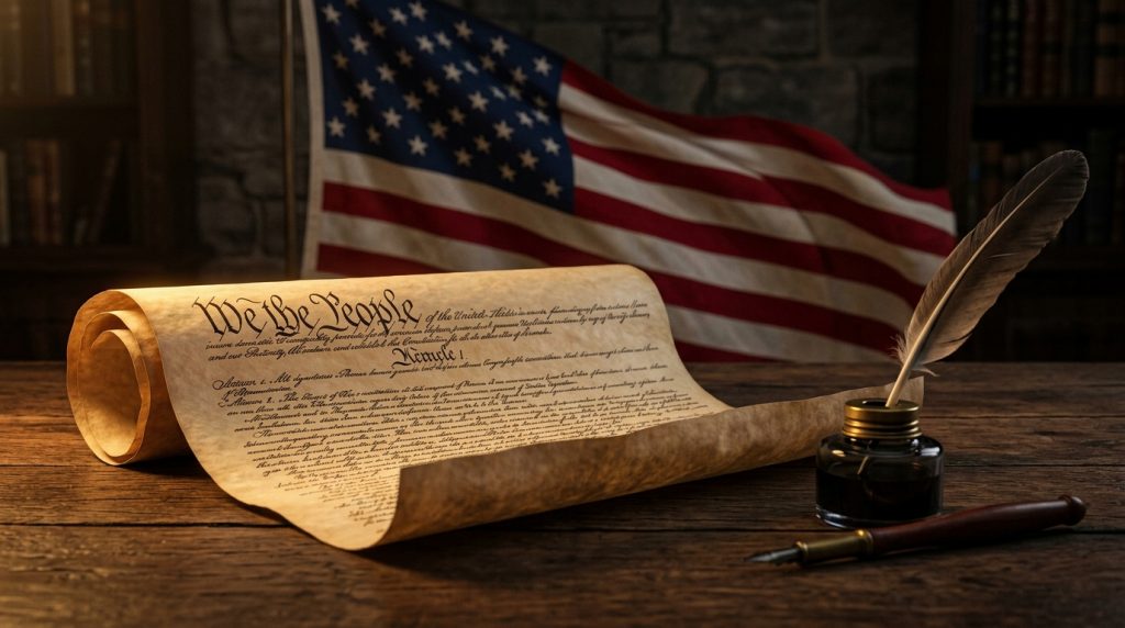 High-resolution stock-style image of the U.S. Constitution document laid flat over a waving American flag background. The preamble 'We the People' is clearly visible. Subtle vintage parchment texture, soft patriotic lighting, red white and blue tones. Clean, elegant, and authoritative composition suitable as a WordPress featured image for a political or constitutional article.