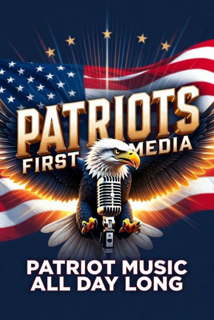 Patriots First Media Radio album cover featuring a powerful bald eagle holding a vintage microphone in front of a waving American flag. Bold gold text reads "PATRIOTS FIRST MEDIA" with "PATRIOT MUSIC ALL DAY LONG" at the bottom. Patriotic red, white, and blue design.