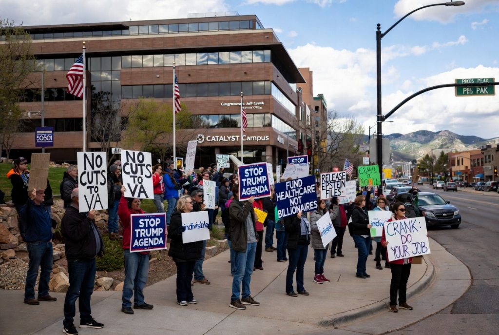Weekly protesters gather outside U.S. Rep. Jeff Crank’s district office on Pikes Peak Avenue in Colorado Springs