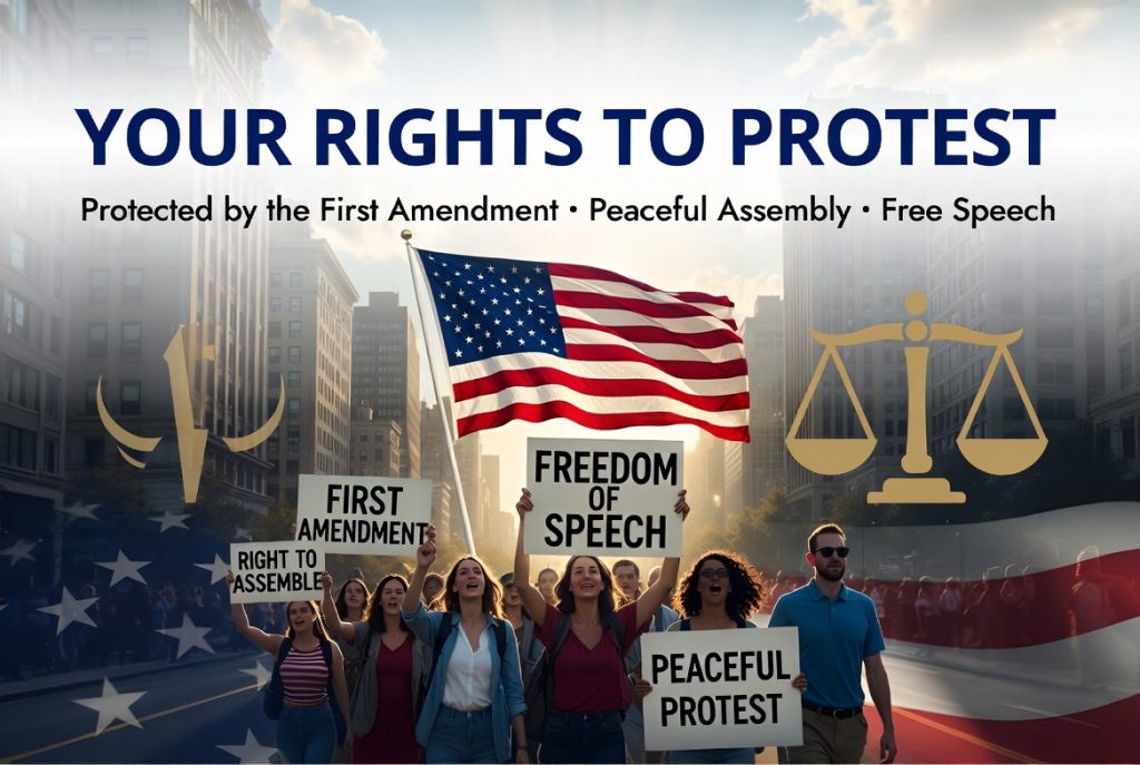 Peaceful protesters exercising First Amendment rights with signs and American flag. Text: "Your Rights to Protest - Protected by the First Amendment"