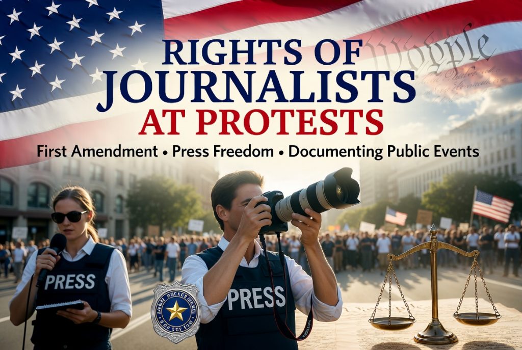 Rights of Journalists at Protests in the U.S. - Photojournalist with camera and press vest covering a peaceful demonstration, with American flag and First Amendment protections highlighted.