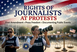 Rights of Journalists at Protests in the U.S. - Photojournalist with camera and press vest covering a peaceful demonstration, with American flag and First Amendment protections highlighted.