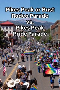 Home Main 13 Comparison of Pikes Peak or Bust Rodeo Parade (left) vs Pikes Peak Pride Parade (right) on Tejon Street with Pikes Peak mountain in the background.
