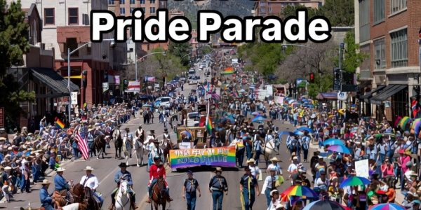 Home Main 2 Comparison of Pikes Peak or Bust Rodeo Parade (left) vs Pikes Peak Pride Parade (right) on Tejon Street with Pikes Peak mountain in the background.