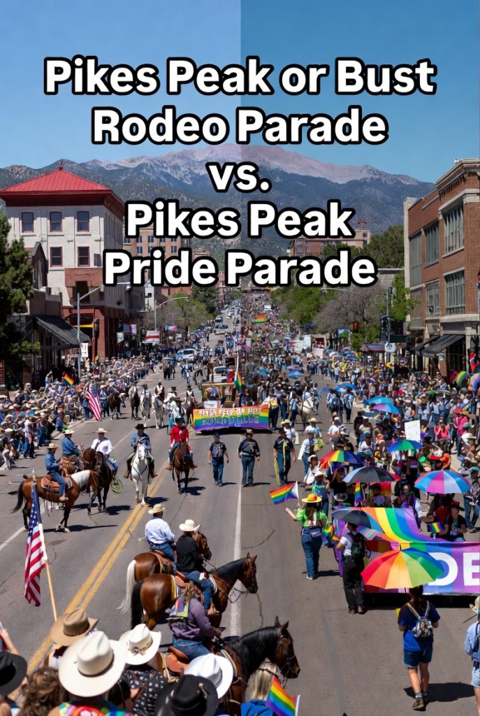 Pikes Peak or Bust Rodeo Parade vs. Pikes Peak Pride Parade 1 Comparison of Pikes Peak or Bust Rodeo Parade (left) vs Pikes Peak Pride Parade (right) on Tejon Street with Pikes Peak mountain in the background.