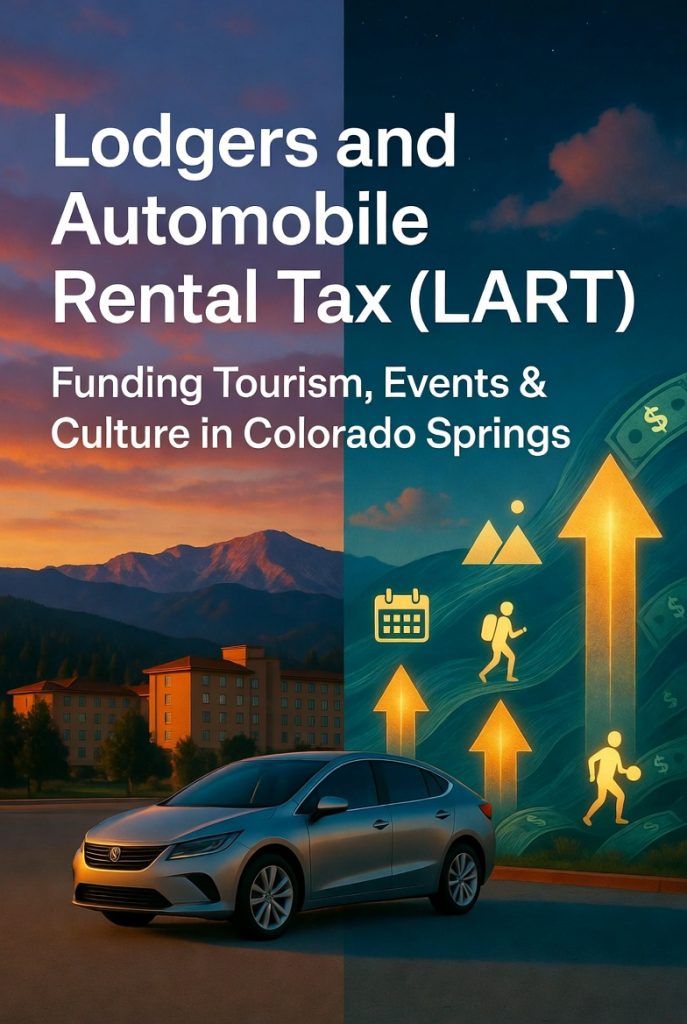 Lodgers and Automobile Rental Tax (LART) 2 Lodgers and Automobile Rental Tax (LART) Colorado Springs: Hotels, rental cars, and tourism funding icons with Pikes Peak in the background.