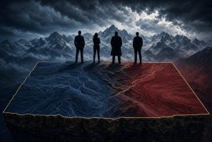 Four silhouetted figures in business attire standing on a raised topographic map of Colorado split between blue and red, with the Rocky Mountains and stormy sky in the background.