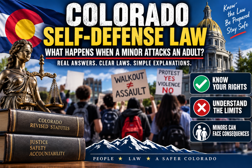 Colorado self-defense law graphic featuring the Colorado State Capitol, Lady Justice, Colorado flag, student walkout protesters, and Colorado Revised Statutes, explaining an adult’s right to self-defense when assaulted by a minor.