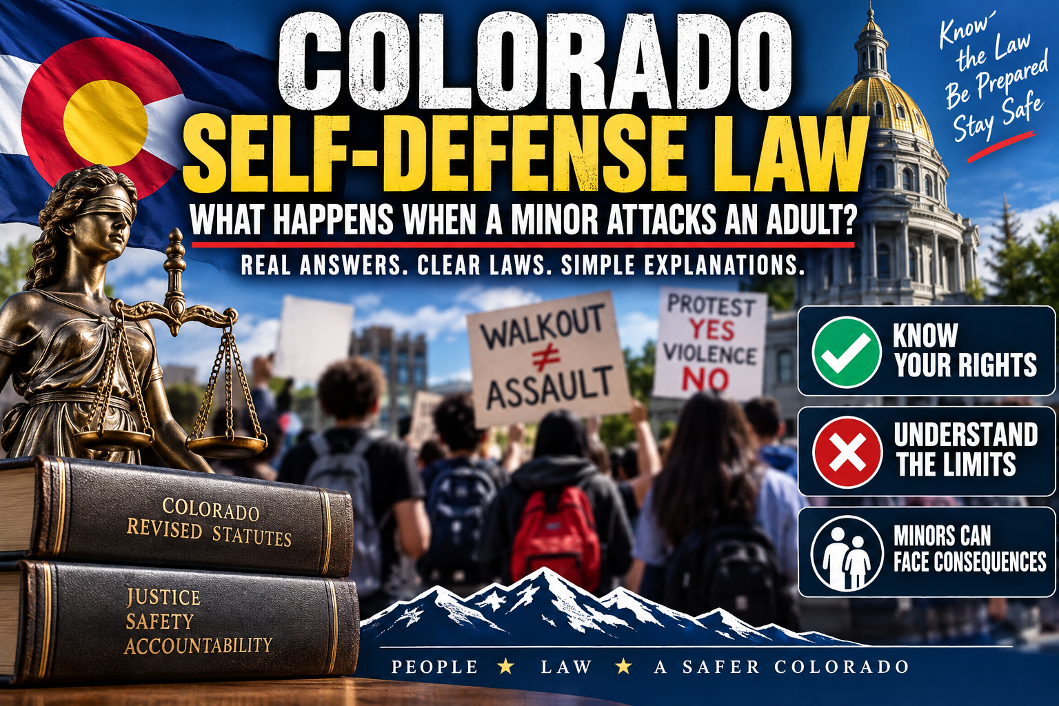 Colorado self-defense law graphic featuring the Colorado State Capitol, Lady Justice, Colorado flag, student walkout protesters, and Colorado Revised Statutes, explaining an adult’s right to self-defense when assaulted by a minor.