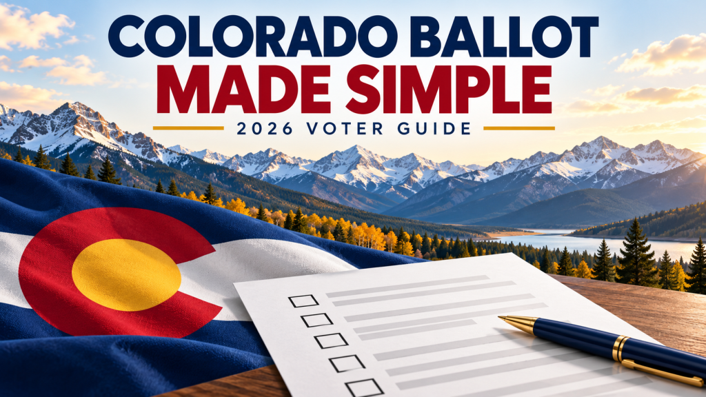 Colorado flag, Rocky Mountains, and a ballot beneath the headline “Colorado Ballot Made Simple — 2026 Voter Guide.
