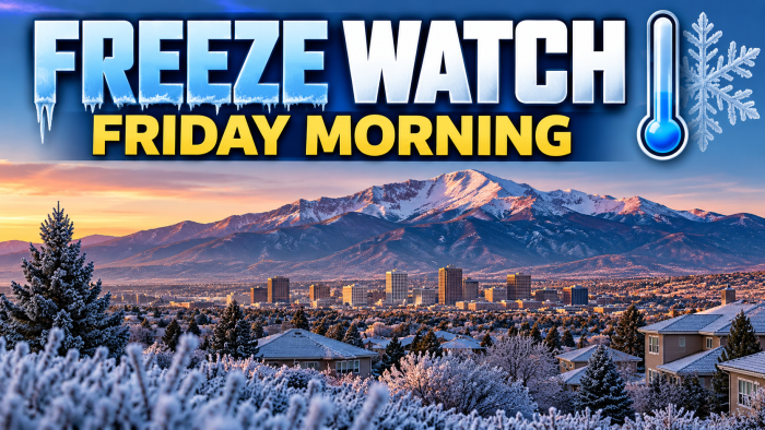 Illustrated Freeze Watch weather graphic showing a frosty Colorado Springs neighborhood, Pikes Peak, and a Friday morning cold weather alert.