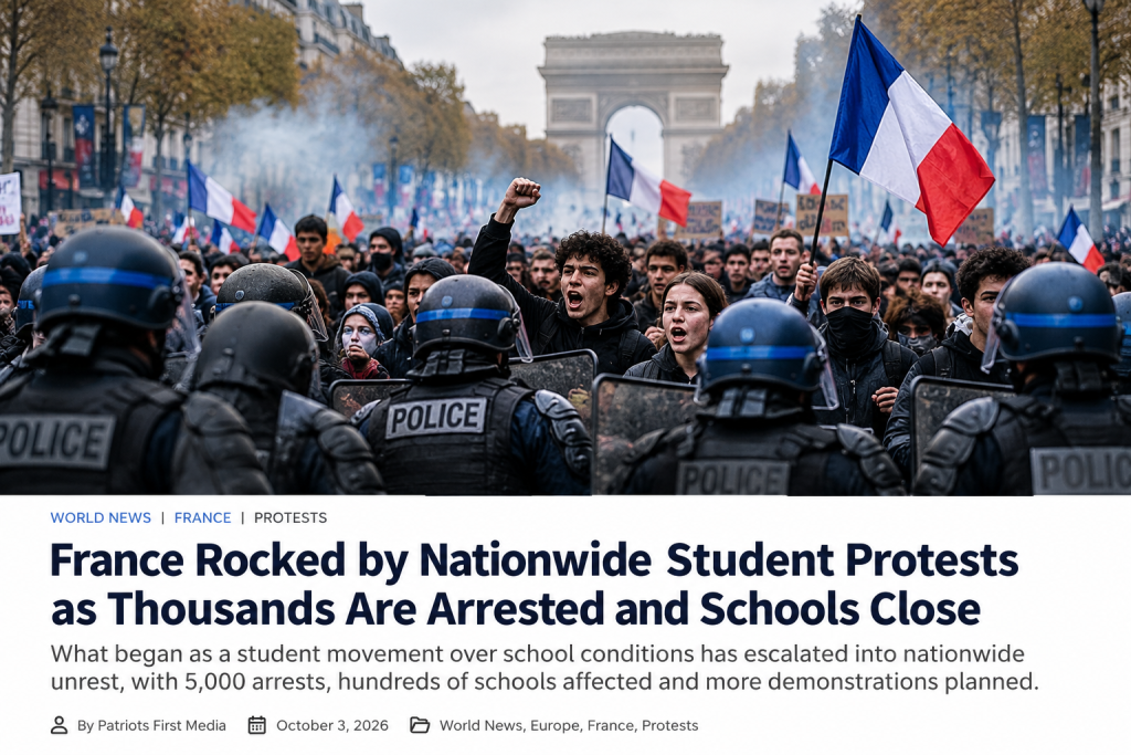French students protest in Paris as riot police face demonstrators near the Arc de Triomphe, with French flags and smoke in the background.
