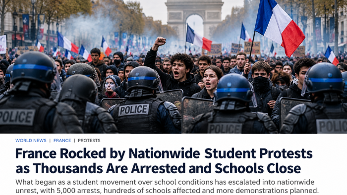 French students protest in Paris as riot police face demonstrators near the Arc de Triomphe, with French flags and smoke in the background.