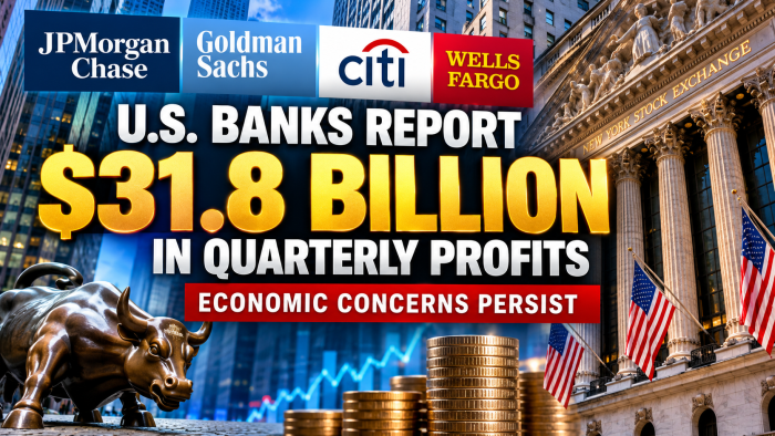 Major U.S. banks report $31.8 billion in quarterly profits amid continuing economic concerns.