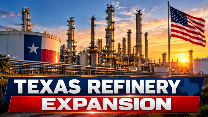 Illustration of a Texas oil refinery with American and Texas flags representing the proposed refinery expansion.