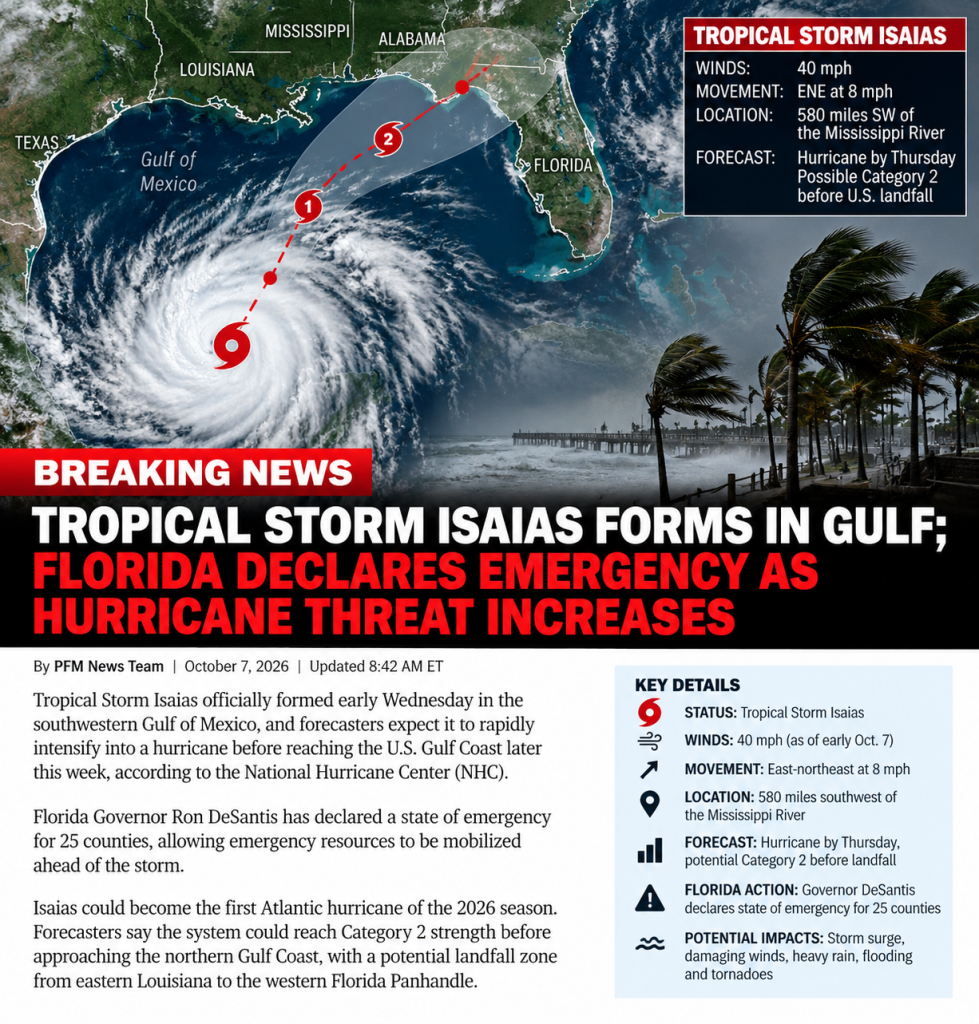 Tropical Storm Isaias forecast over the Gulf of Mexico as Florida declares a state of emergency ahead of a potential hurricane landfall.