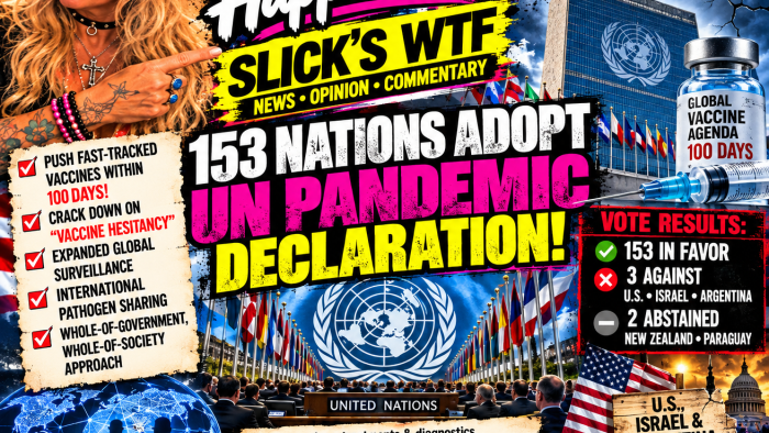 Slick Happens Patriots First Media poster showing Slick pointing toward the UN pandemic declaration headline, 153 nations voting in favor, and vaccine preparedness concerns.