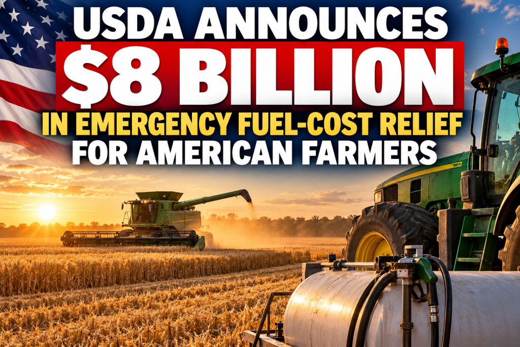 American combine harvesting a field as USDA announces $8 billion in fuel-cost relief for farmers during the 2026 harvest season.