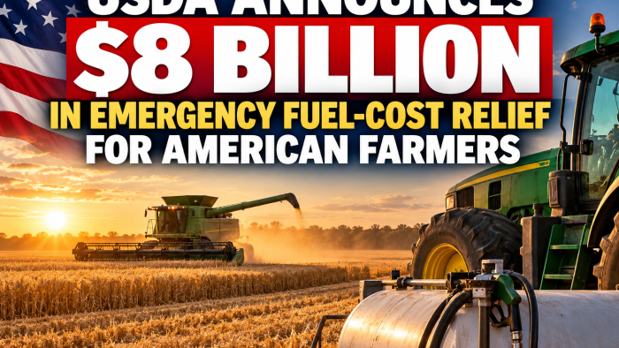 American combine harvesting a field as USDA announces $8 billion in fuel-cost relief for farmers during the 2026 harvest season.
